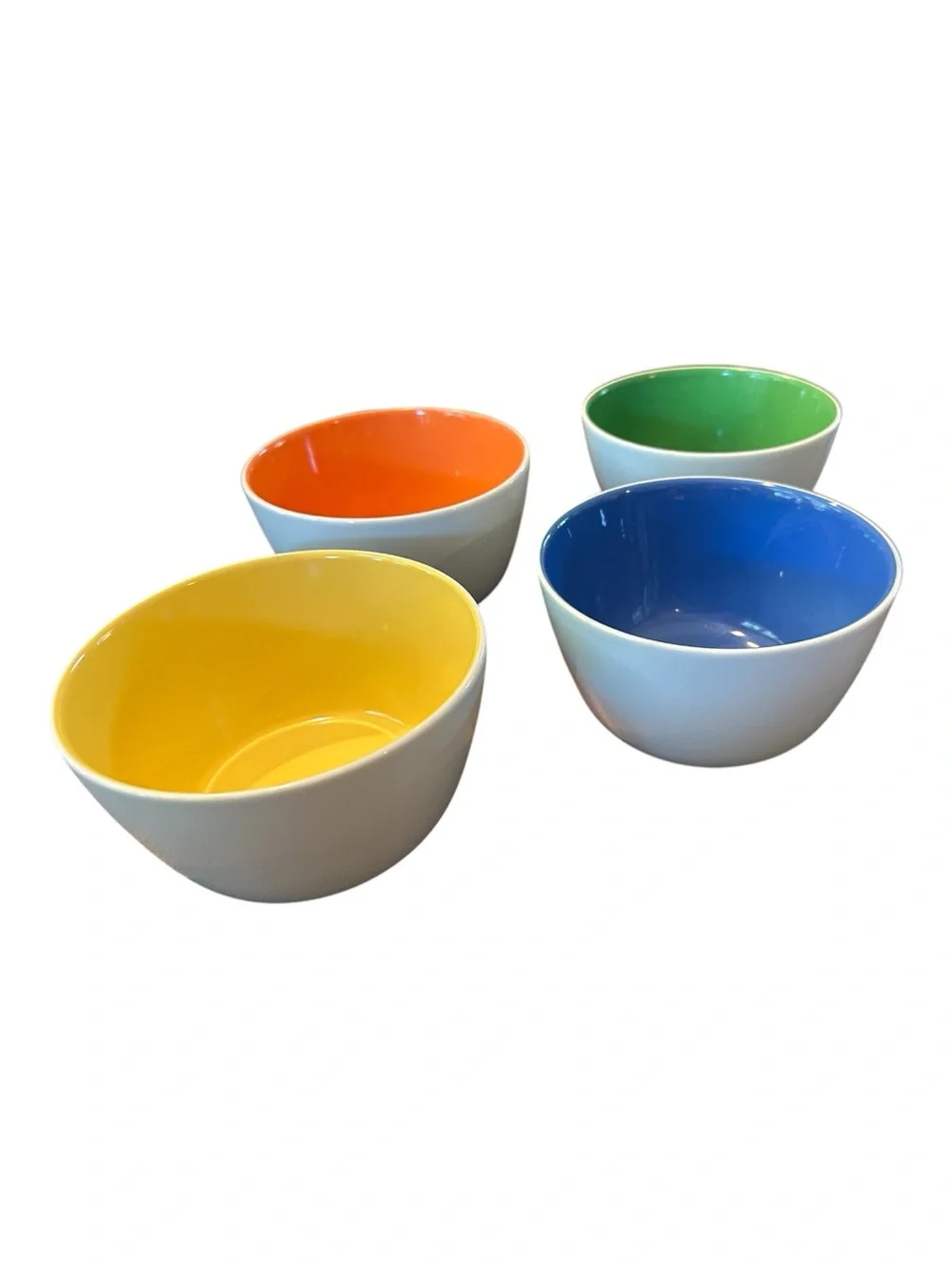 Crate&Barrel Set of 4 Colorful Ceramic Bowls - Yellow, Orange, Blue, Green